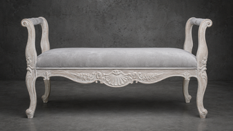 banc style-baroque meubles-dobois bois laqué ivoire tissu lin beige clair