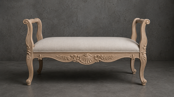 banquette style-baroque meubles-dobois bois cérusé blanc tissu velours rose poudré