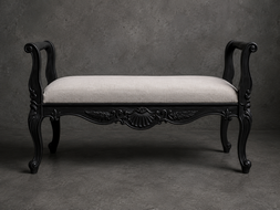 bout-de-lit style-baroque meubles-dobois bois cérusé blanc tissu lin gris clair