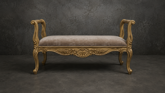 banquette style-baroque meubles-dobois bois laqué beige clair tissu velours gris clair