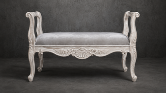 bout-de-lit style-baroque meubles-dobois bois cérusé blanc tissu velours gris