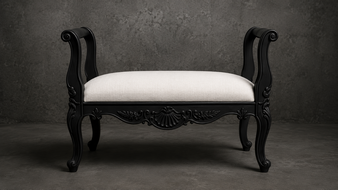 banc style-baroque meubles-dobois bois laqué noir tissu lin beige