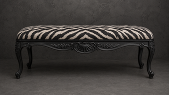 bout-de-lit style-baroque meubles-dobois bois argenté tissu cuir noir