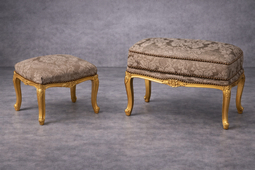 banquette style louis xv ou baroque en bois dore et tissu velours