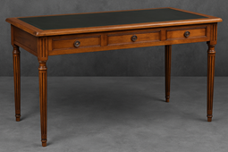 Bureau Louis XVI en marqueterie avec décorations bronze et plateau en cuir noir – Meubles Dobois