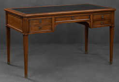 Bureau Louis XVI en marqueterie avec bronze doré et plateau en cuir vert – Meubles Dobois