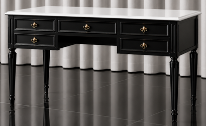 Bureau Louis XVI bicolore en bois laqué noir avec plateau blanc et cinq tiroirs