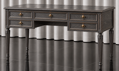 Bureau Louis XVI en bois laqué noir avec plateau gris clair et poignées dorées