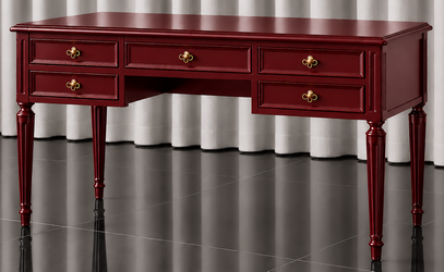 Bureau de style Louis XVI en bois laqué rouge bordeaux avec cinq tiroirs et poignées dorées