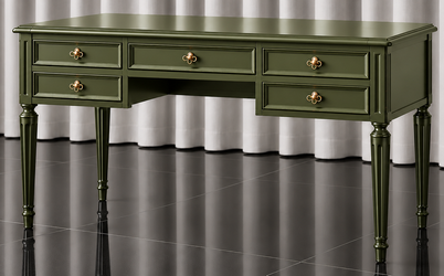 Bureau Louis XVI en bois laqué vert anglais avec moulures, cinq tiroirs et poignées dorées