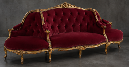 Banquette à Confident Style Louis XV en velours bordeaux et bois doré - LES MEUBLES DOBOIS