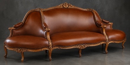 Banquette à Confident Style Louis XV en cuir marron cognac et bois chêne moyen - LES MEUBLES DOBOIS