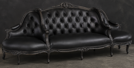 Canapé à Confident Style Louis XV en cuir noir capitonné et bois noir - LES MEUBLES DOBOIS