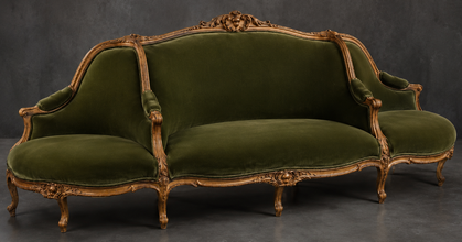 Canapé à Confident Style Louis XV en velours vert olive et bois doré - LES MEUBLES DOBOIS