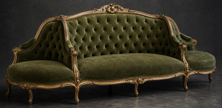 Canapé à Confident Style Louis XV en velours vert olive capitonné et bois doré - LES MEUBLES DOBOIS