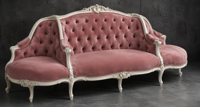 Banquette à Confident Style Louis XV en velours vieux rose capitonné et bois blanc - LES MEUBLES DOBOIS