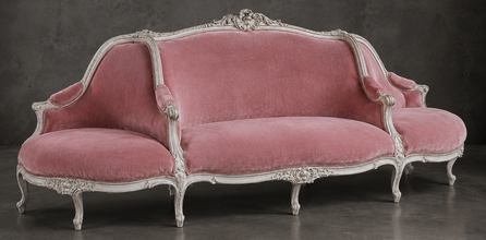 Canapé à Confident Style Louis XV en velours vieux rose et bois cérusé blanc - LES MEUBLES DOBOIS
