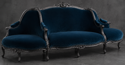 Canapé à Confident Style Louis XV en velours bleu nuit et bois noir - LES MEUBLES DOBOIS