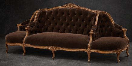 Banquette à Confident Style Louis XV en velours marron chocolat capitonné et bois doré - LES MEUBLES DOBOIS