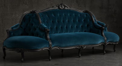 Banquette à Confident Style Louis XV en velours bleu pétrole capitonné et bois noir - LES MEUBLES DOBOIS