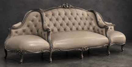 Canapé à Confident Style Louis XV en cuir taupe capitonné et bois noir patiné - LES MEUBLES DOBOIS