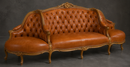 Banquette à Confident Style Louis XV en cuir cognac capitonné et bois doré - LES MEUBLES DOBOIS