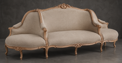 Banquette à Confident Style Louis XV en tissu beige et bois chêne clair - LES MEUBLES DOBOIS