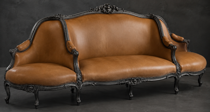 Canapé à Confident Style Louis XV en cuir cognac et bois noir - LES MEUBLES DOBOIS