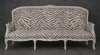 banquette à la reine style régence 3 places bois cérusé blanc tissu lin meubles dobois