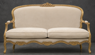Banquette cabriolet style Louis XV en velours bleu Meubles Dobois