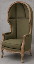 Fauteuil canapé carrosse style baroque Louis XV tissu vert olive avec bois naturel