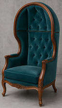 Fauteuil canapé carrosse style baroque Louis XV velours bleu pétrole capitonné avec bois noyer