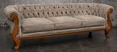 Canapé baroque Chesterfield 4 places en cuir chocolat vieilli et bois sculpté noir - MEUBLES DOBOIS