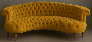 Canapé demi-lune style Chesterfield en velours beige capitonné - Meubles Dobois