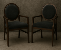 Chaise médaillon avec accoudoirs en bois sculpté, style moderne bois chene et velours gris – MEUBLES DOBOIS
