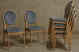 Chaise médaillon empilable en velours gris chic pour mariage ou événement haut de gamme – MEUBLES DOBOIS
