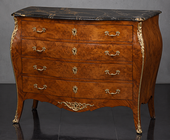 Chiffonnier marqueterie bois de rose Louis XV plateau marbre rouge