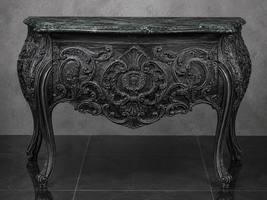 Commode de style baroque noire et dorée plateau marbre blanc
