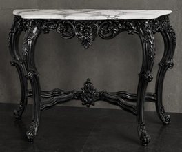Console Baroque argentée, plateau marbre blanc, présentation collection
