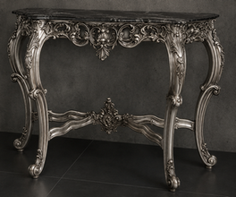 Console Style Baroque argentée, plateau marbre blanc, finition sur mesure