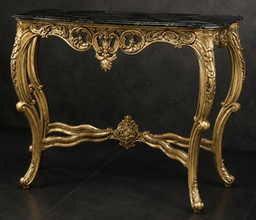 Console Baroque argentée, plateau marbre blanc, détail moulures