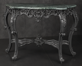 Console Style Baroque argentée, plateau marbre blanc, vue d'ensemble