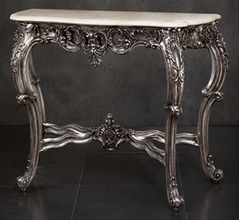 Console Baroque argentée, plateau marbre blanc, détail plateau marbre