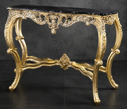 Console Style Baroque argentée, plateau marbre blanc, détail pieds sculptés