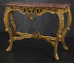 Console Baroque argentée, plateau marbre blanc, vue de profil