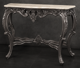 Console Style Baroque argentée, plateau marbre blanc, vue de face