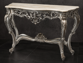 Console Baroque dorée, plateau marbre noir, présentation collection