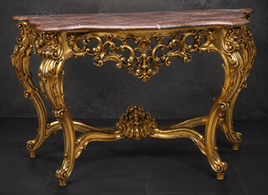 Console Style Baroque dorée, plateau marbre noir, finition sur mesure
