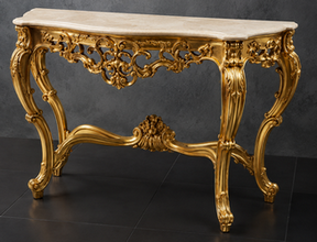 Console Baroque dorée, plateau marbre noir, détail entretoise