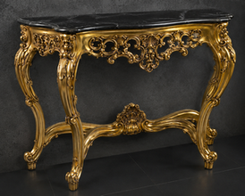 Console Baroque dorée, plateau marbre noir, détail moulures